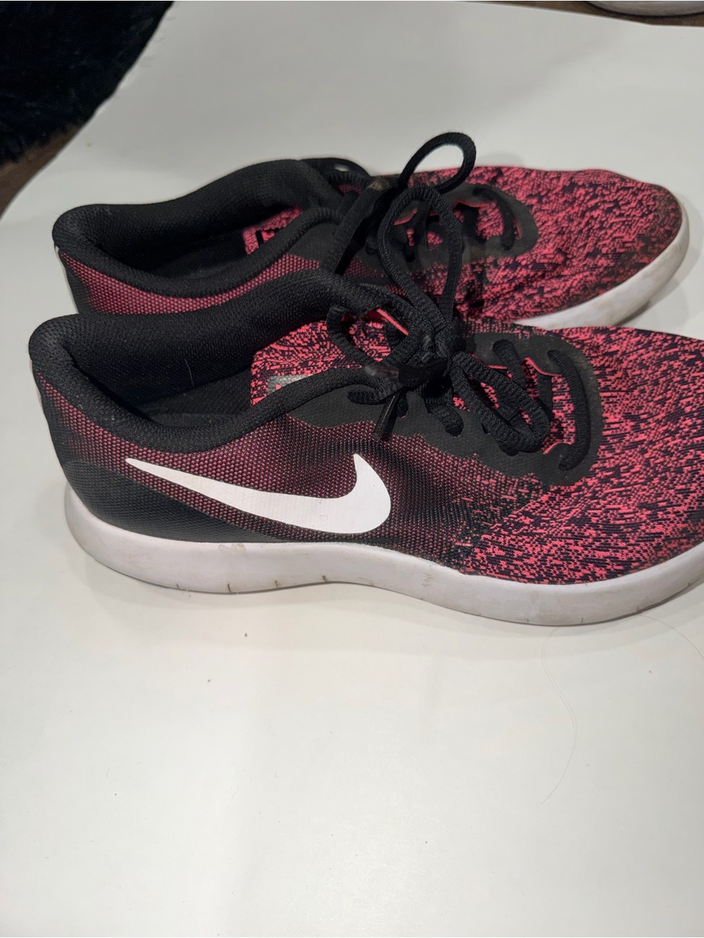 Nike Kids Pink and Black Knit Athletic Sneakers with White Swoosh